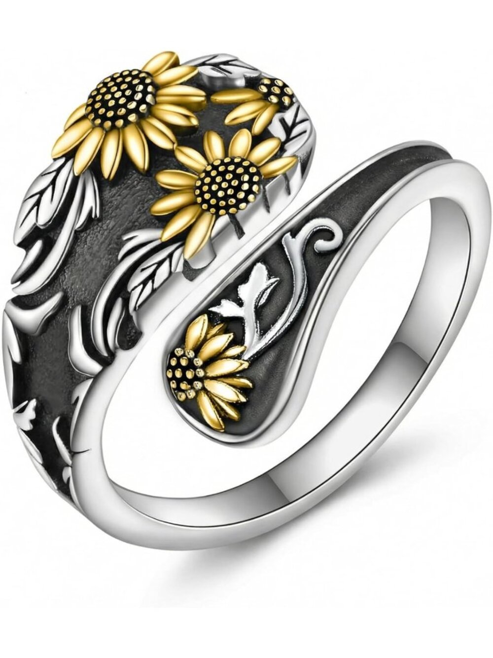 18K Gold Plated Adjustable Sunflower Spoon Ring - Oxidized Open Band Jewelry